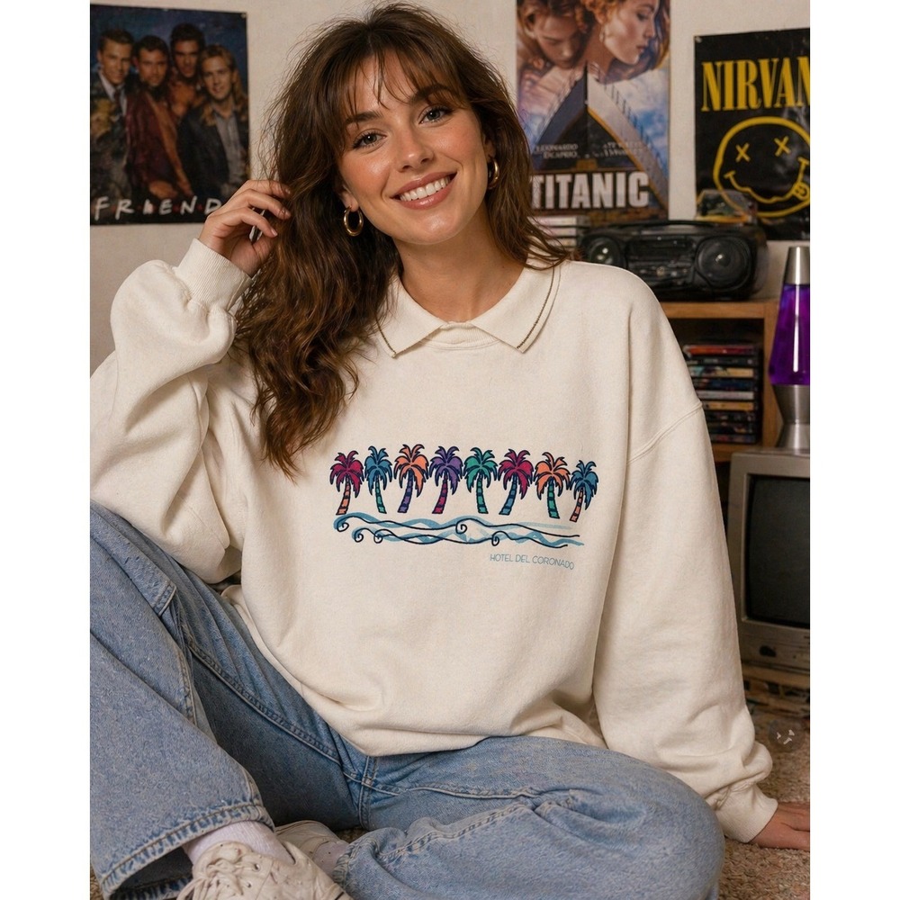 VTG 90's Jerzees Hotel Del Coronado Sweatshirt XL Super Sweats Palm Tree Collar‎